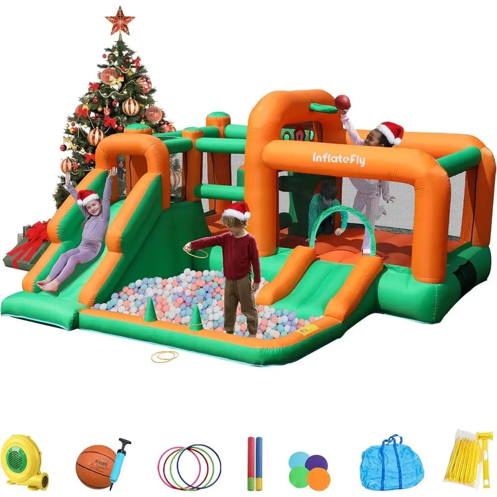 Iatable Bounce House, double slide bouncer with fan, obstacle wall, balls well, basketball basket, baby boxing bag O