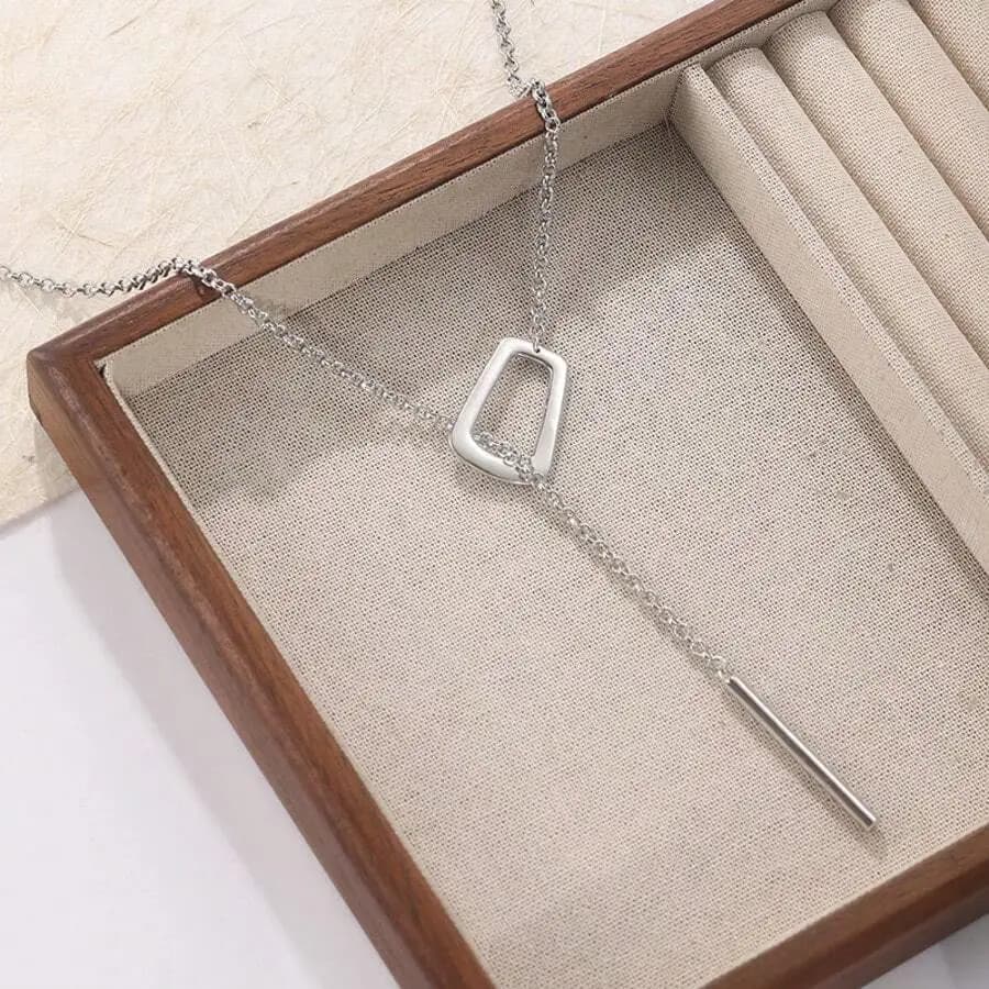Long Silver Large Pendant, Women's Thick Silver Y-Shaped Necklace, Unique Thick Copper Adjustable Scarf-Style Necklace, Elegant