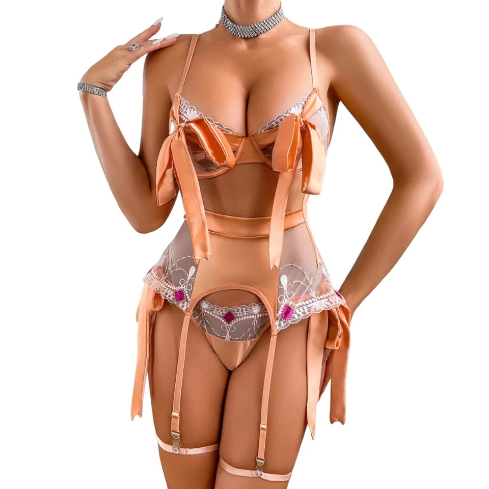 MUZISKAT Nuovo Prodotto di Lusso Ricamato Stile Esotico Sexy Aderente Biancheria Intima Sexy delle Donne Giunzione Con Papillon Set da 4 Pezzi