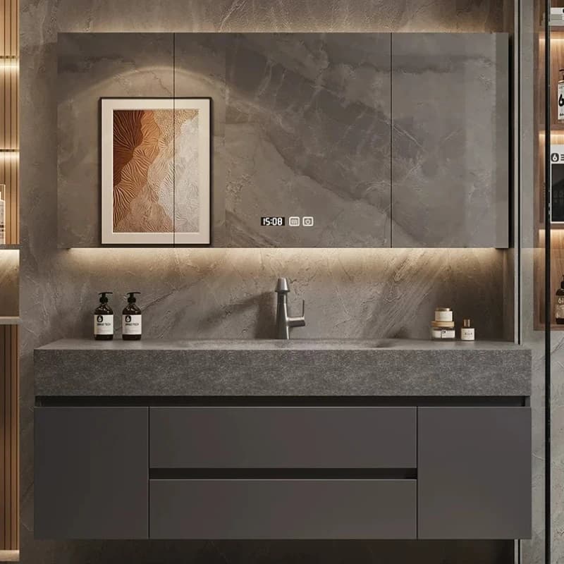 Mobile Bagno Moderno Minimalista con Lavabo Integrato in Lastra di Roccia Termoformata, Elegante Mobile Sospeso con Cassetti Contenitori