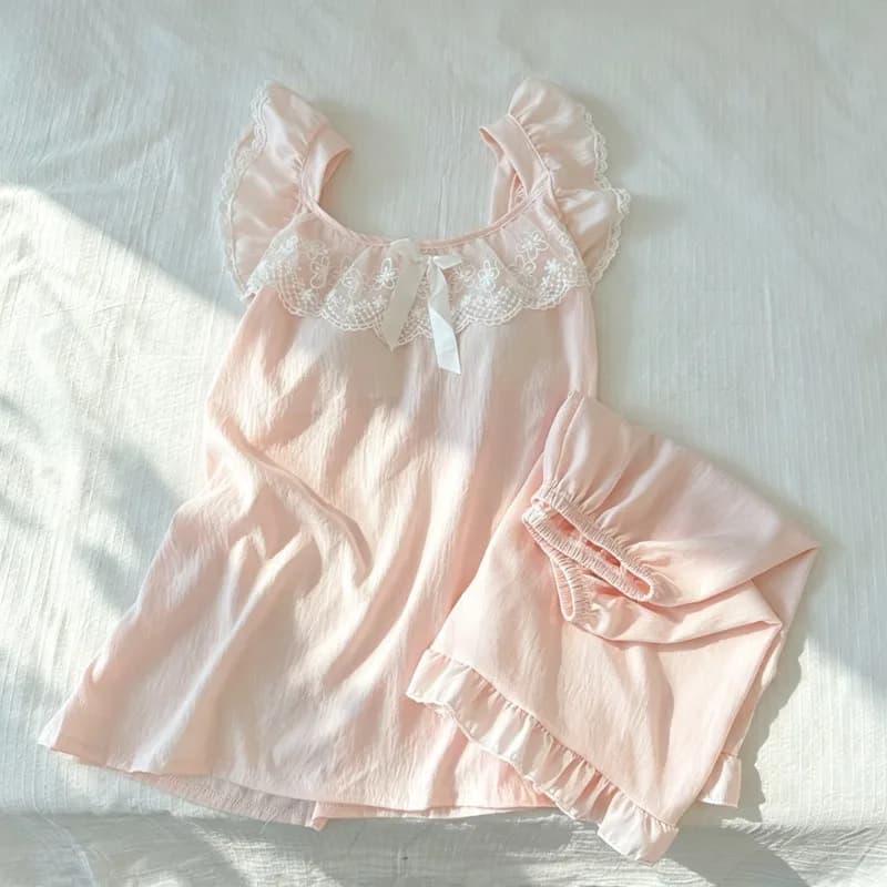 Women Sweet Cute 2 Pieces Pajama Set Summer Lace Trim Bow Sleepwear Camisole With Chest Pad Casual Daily Loungewear Homewear