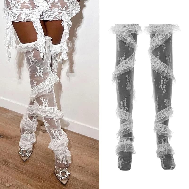 Calze autoreggenti alte alla coscia in pizzo trasparente con motivo floreale da donna, calze lunghe allentate sopra il patchwork