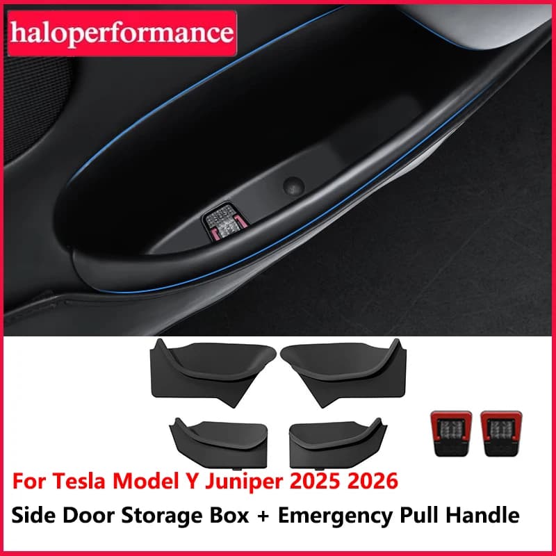 Organizer Laterale per Porta Tesla Model Y Juniper 2025 2026, Scatola Portaoggetti Anteriore e Posteriore in TPE, Maniglia di Emergenza, Accessorio Interno per Auto