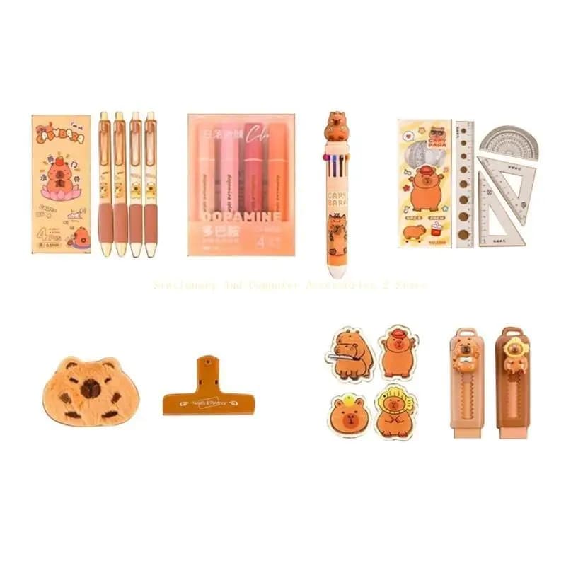 cancelleria Capybara include astuccio per matite, gomma, evidenziatore, righello, morsetto per carta,