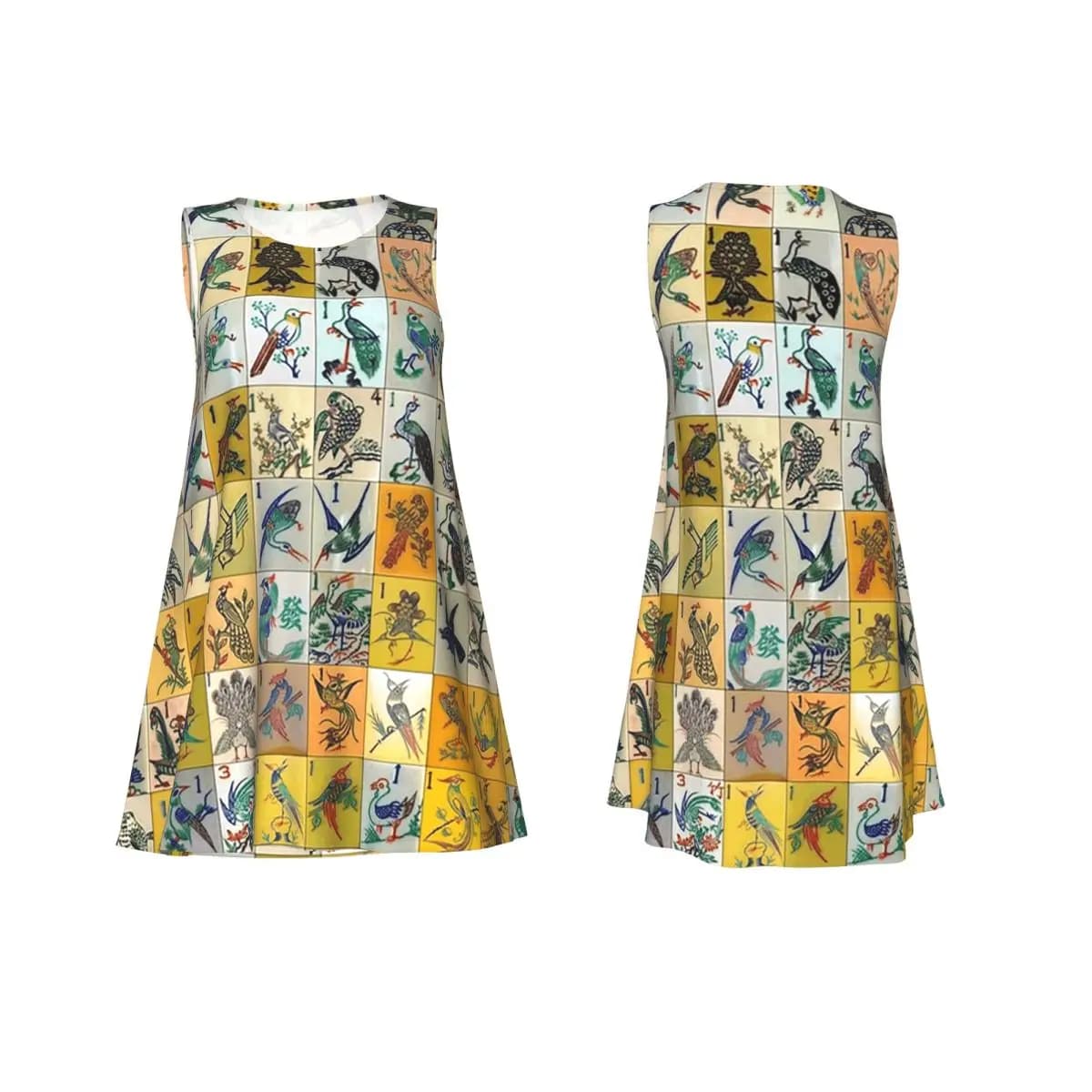 Abito estivo da donna Mah Jongg Birds Mahjong Tiles, elegante, senza maniche, girocollo, vestito ampio, stile street.