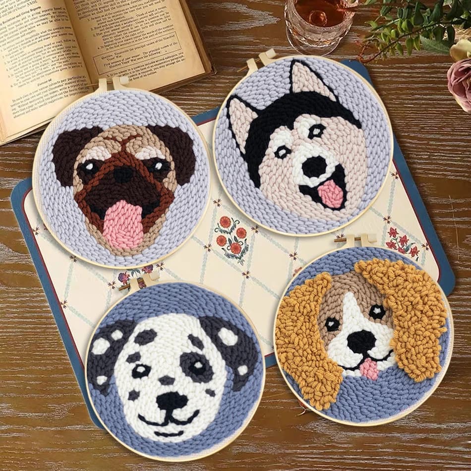 Punch Needle Embroidery Kits,Punch Needle Fabric with Dog Pattern,Yarns, Needlework Wool Starter Kit Home Decor
