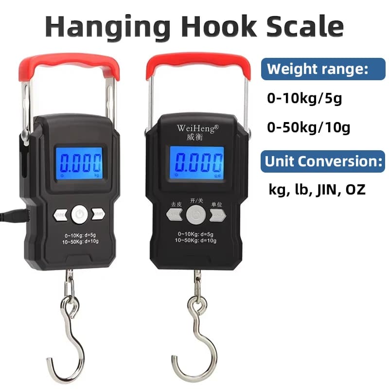 Bilancia da pesca digitale da 110 libbre/50 kg con display LCD Maniglia portatile Bilancia da viaggio per bagagli da pesca Bilancia a gancio multifunzionale