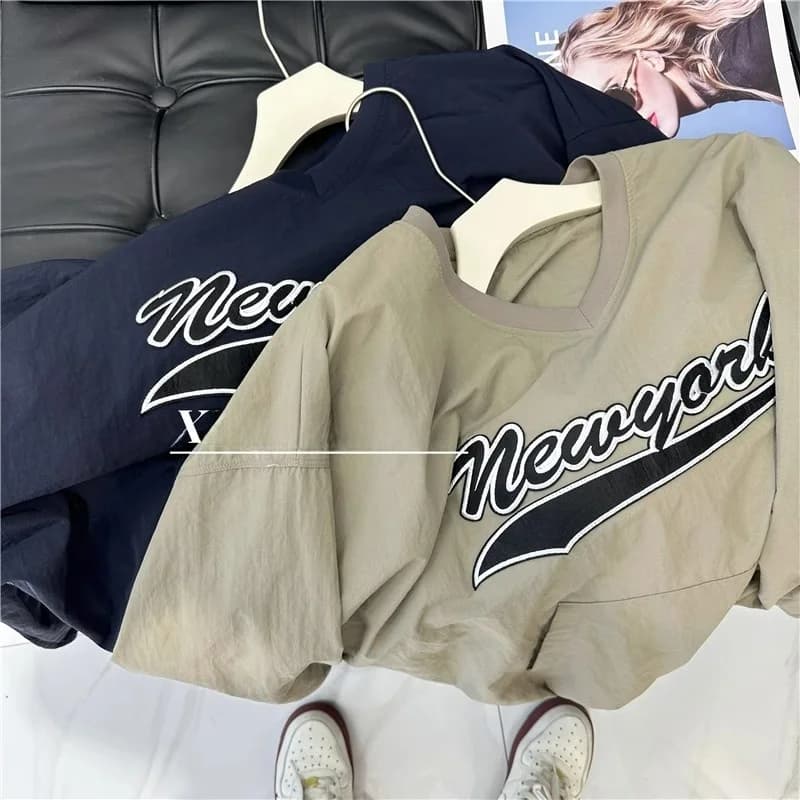 Giacca con Ricamo a Lettere di Marca Americana di Moda High Street, Top Casual Retro con Scollo a V e Coulisse per Donna, Trendy
