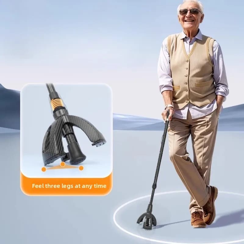 Canna da passeggio treppiede per uomo e donna Canna nera in fibra di carbonio premium Bastone da passeggio pieghevole e regolabile per anziani, supporta 400 libbre