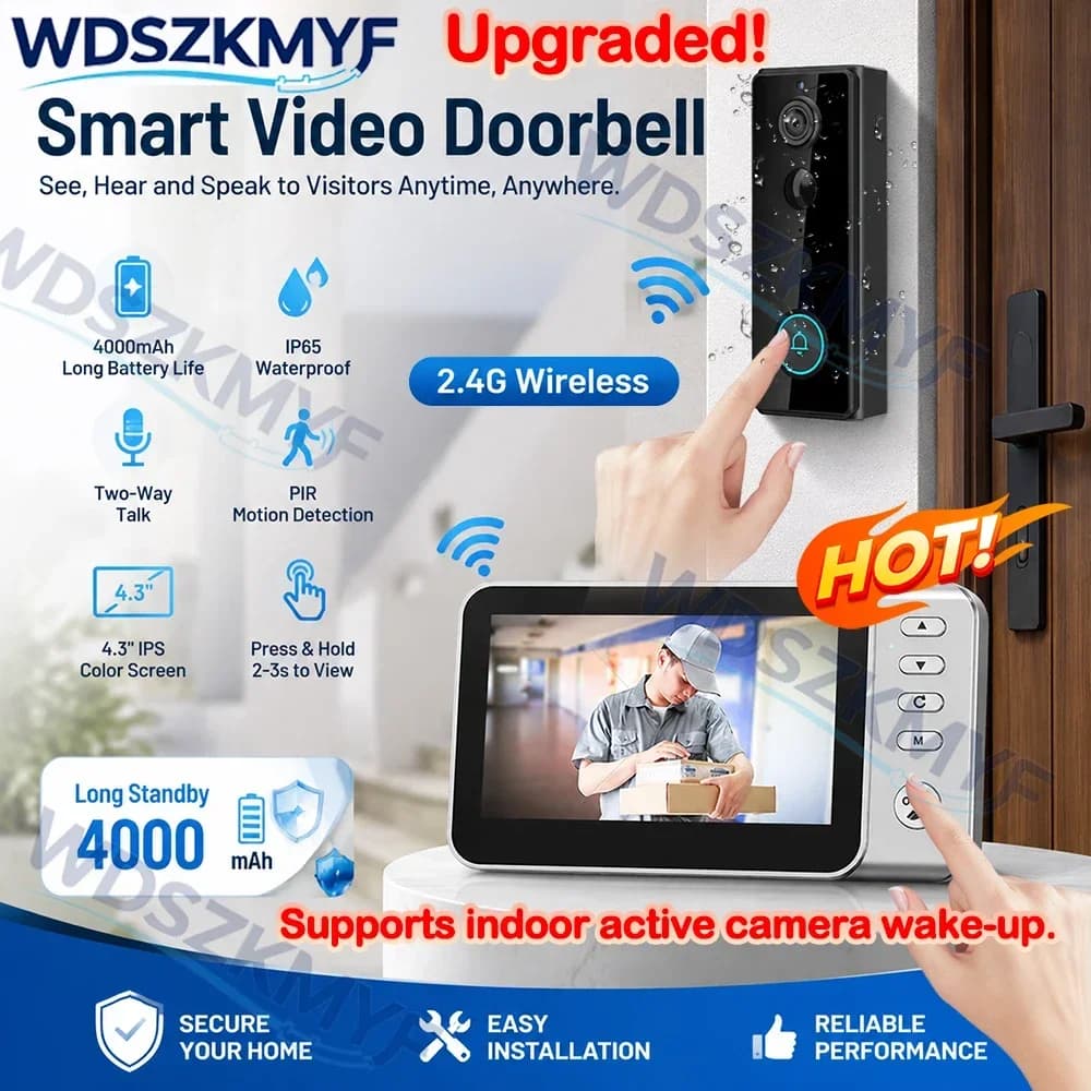 Motion Detectio Wireless Doorbell Camera 4.3in IPS Screen Waterproof Intercom Doorbell Night Vision Smart Home Security Video