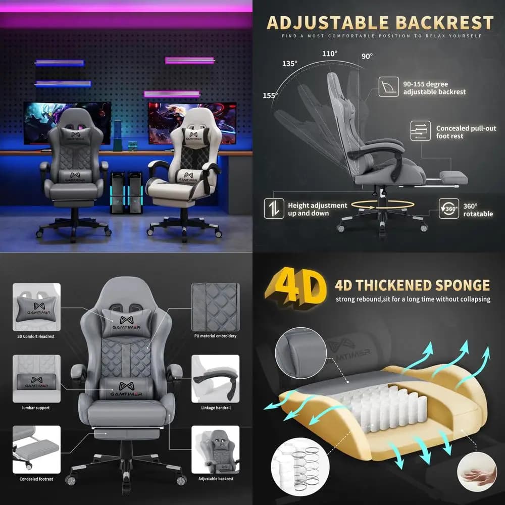 Sedia da gaming ergonomica con schienale alto, supporto lombare e poggiapiedi per 400 libbre, grigia