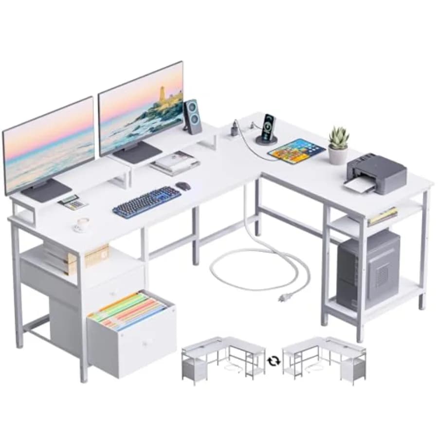 Scrivania a L Bianca da 150 cm con Presa di Corrente, Scrivania Reversibile con Cassetto Portadocumenti e 2 Supporti per Monitor, Postazione Angolare per Ufficio Domestico