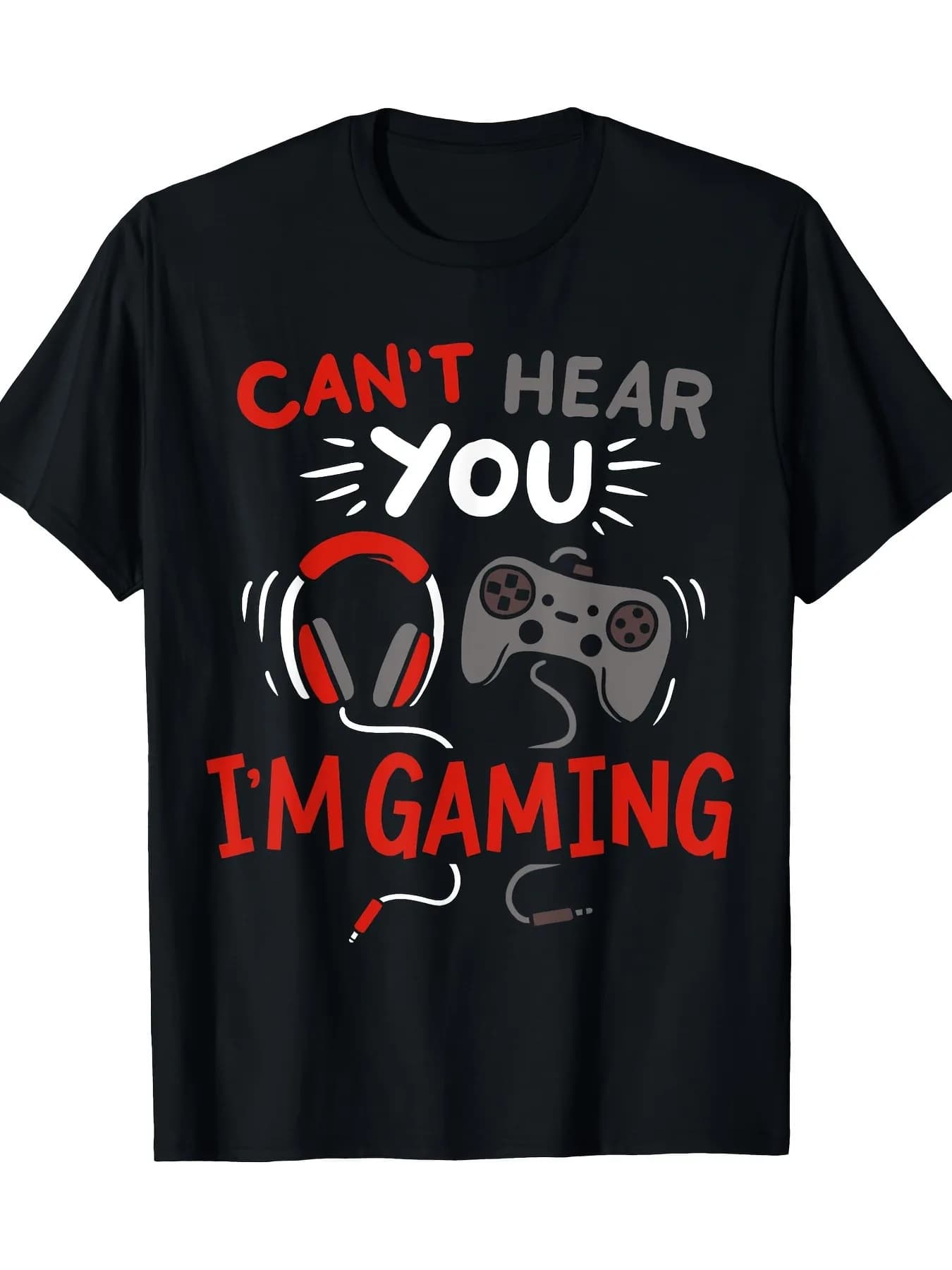 Funny Men's Black Graphic T-Shirt Headset Game Controller Can'T Hear You I'M Gaming Bold Letter Print 100% Cotton Heavyweight Short Sleeve Casual Streetwear Tee