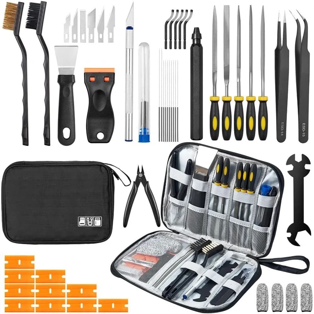 Kit di Strumenti per Stampanti 3D da 50 Pezzi per Stampanti FDM/SLA con Pulizia Ugelli, Raschietto, Utensile per Sbavatura, Lime, Spazzole, Custodia