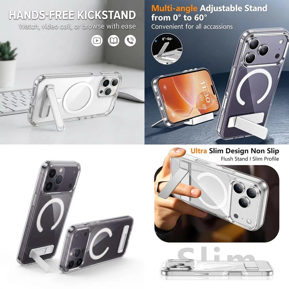 Affordable Magnetic Clear Phone Cover Adjustable Kickstand MIL Grade for iPhone 17 16 15 14 13 12 11 Pro Max Plus mini