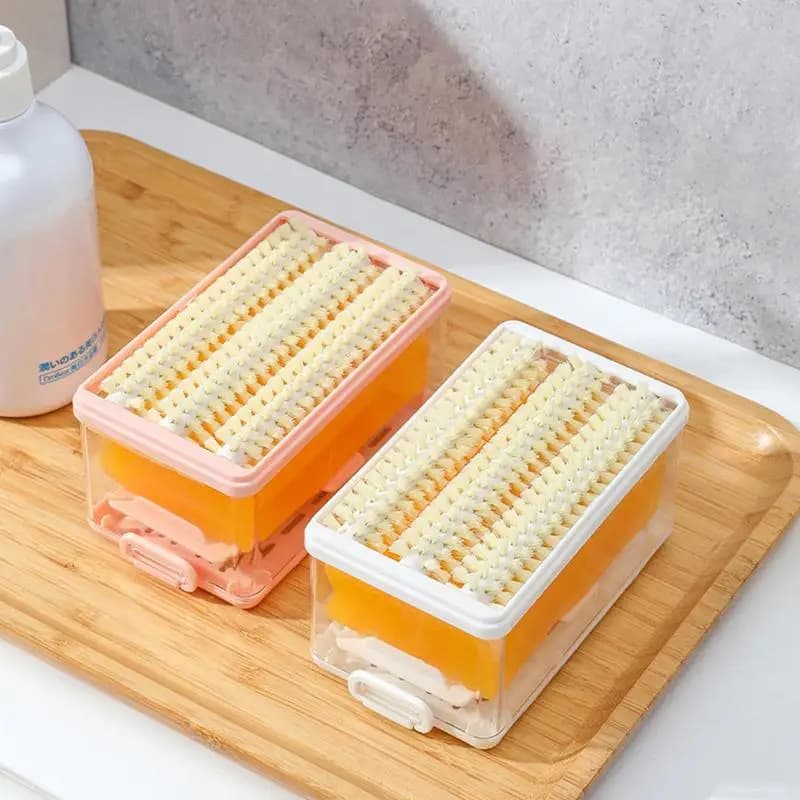 Portasapone con Coperchio e Spazzola Schiumogena a Rullo, Contenitore Trasparente per Sapone da Bucato con Scolapiatti