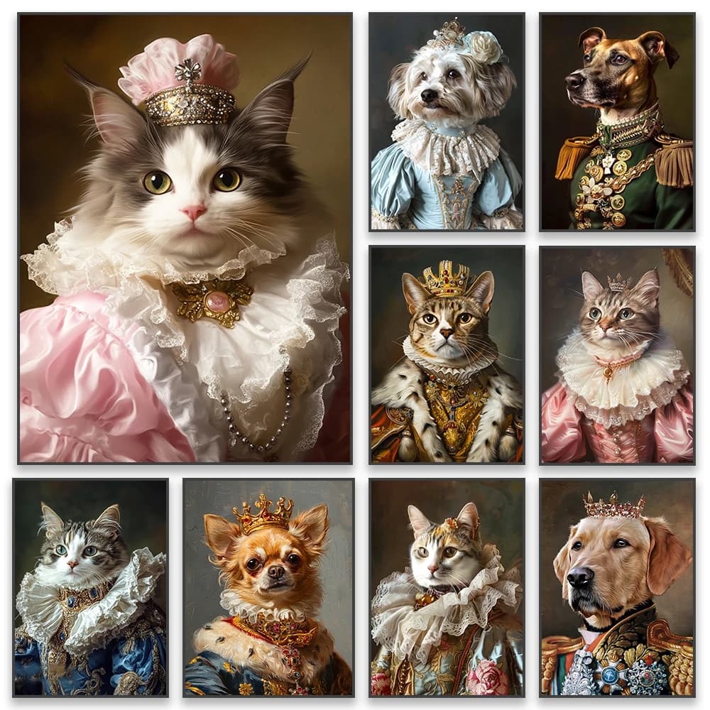 Poster personalizzato con ritratto di animale domestico reale, cane rinascimentale personalizzato da foto, stampe su tela, regalo per l'arredamento della stanza dei gatti