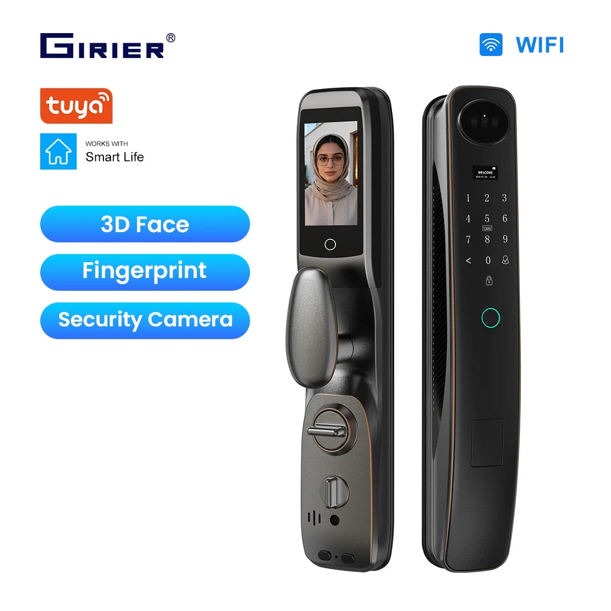 Serratura Intelligente WiFi GIRIER Tuya con Riconoscimento Facciale 3D, Impronta Digitale, Sblocco Remoto tramite App, Serratura Digitale con Funzione di Videochiamata e Telecamera