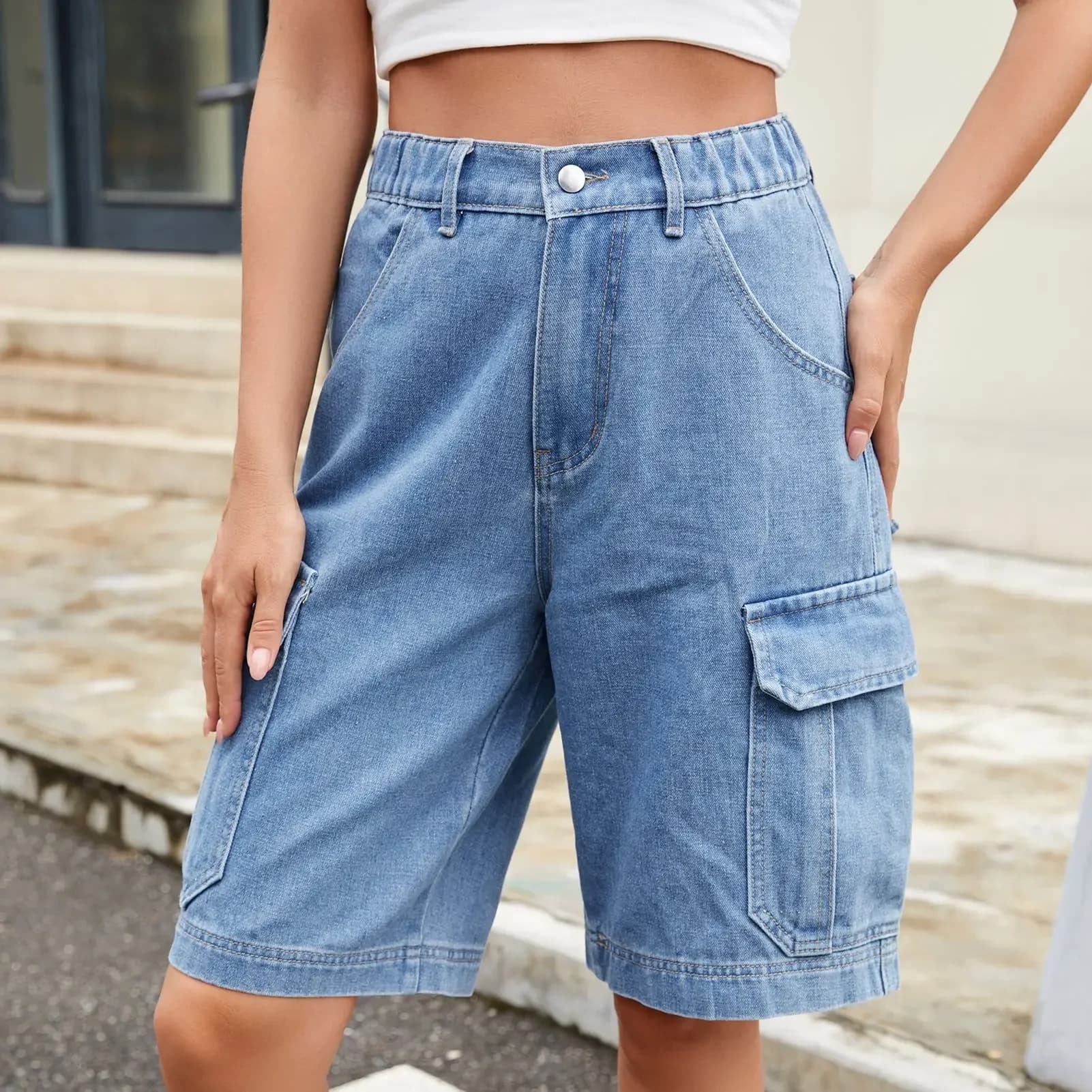 Jeans Women's Cargo Pants Elastic Waist Washed Distressed Multiple Pockets Knee Shorts Streetwear Denim Straight