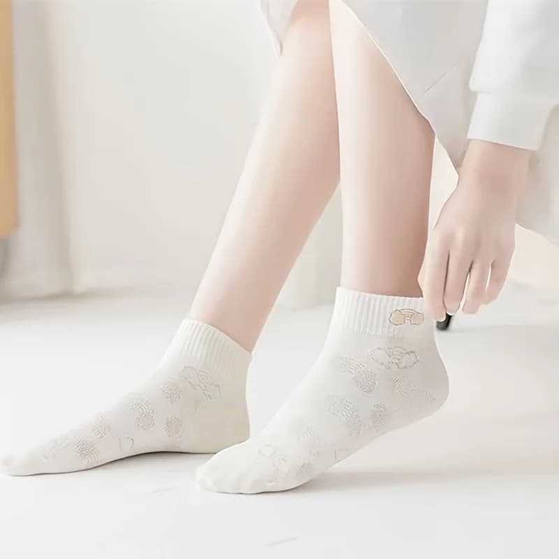 5 paia di affascinanti calzini da donna con motivi a cartoni animati - Orso giapponese e motivo botanico, misto poliestere liscio, comodi da indossare in tutte le stagioni
