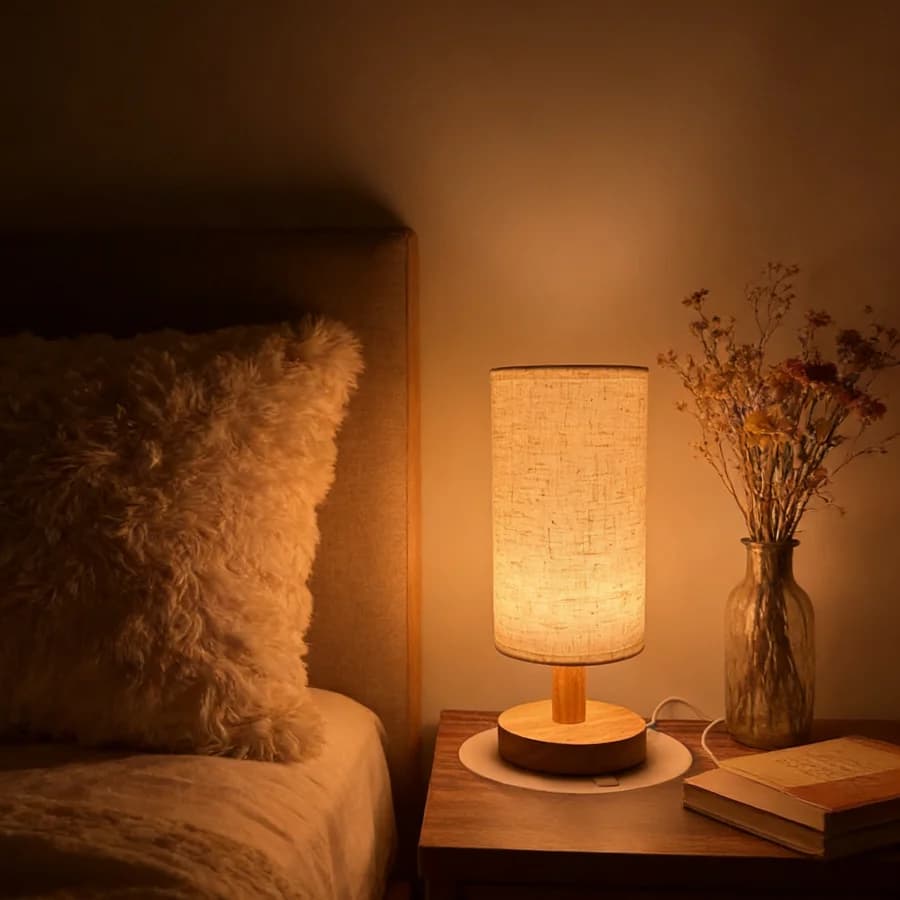 Lampada da Comodino in Legno con Paralume in Lino, Luce Notturna LED USB a Luce Calda per Arredamento Camera da Letto