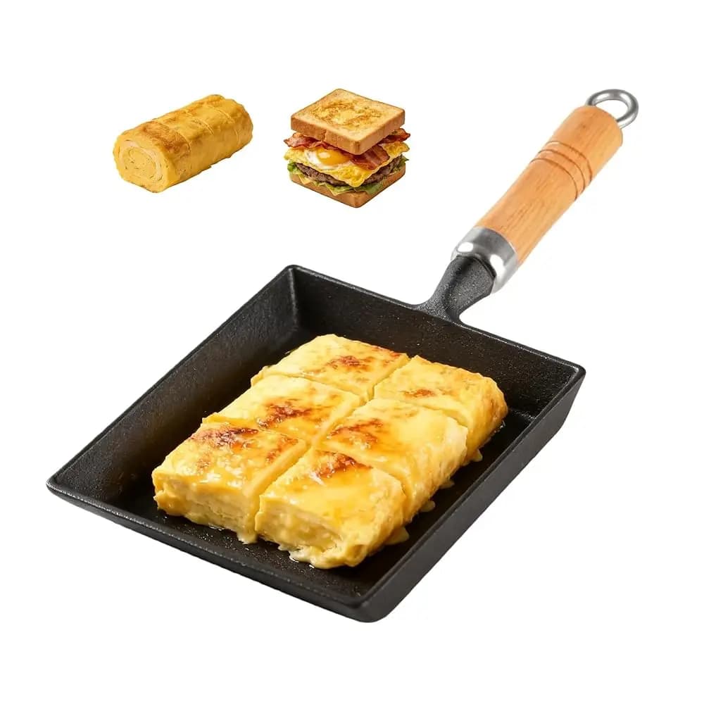 Padella in ghisa per Tamagoyaki, padella giapponese per uova, piccola padella rettangolare con manico in legno, compatibile con tutti i piani cottura, N