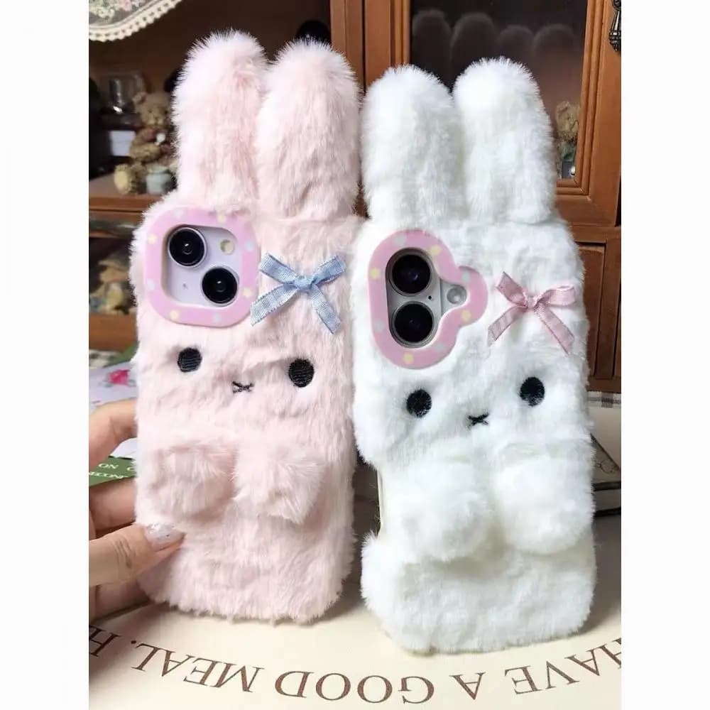 Custodia per telefono Miffy in peluche, simpatico coniglietto bianco e rosa, adatta per iPhone 16 15 Pro Max, con fiocco rosa, in morbido silicone e peluche corto sul retro