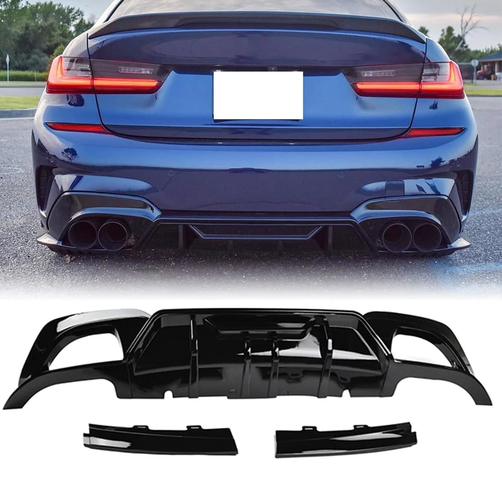 FOR 19-22 BMW G20 330i CTM STYLE GLOSS BLACK REAR DIFFUSER W/ CORNER SPATS