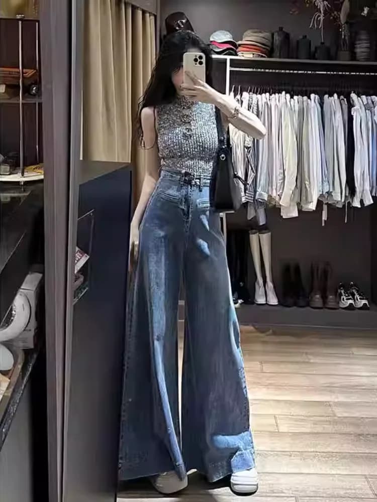 Jeans Eleganti a Gamba Larga per Donna, Vita Alta, Pantaloni Lunghi Stile Rilassato, Primavera-Estate, Moda Americana High Street