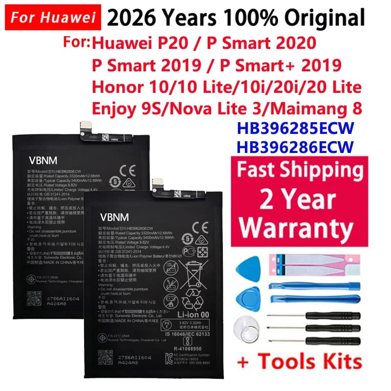 Batteria del telefono originale al 100% da 3400 mAh HB396285ECW per Huawei P20 Honor 10 COL-AL00 COL-AL10 COL-TL00 COL-TL10 COL-L29 + strumento