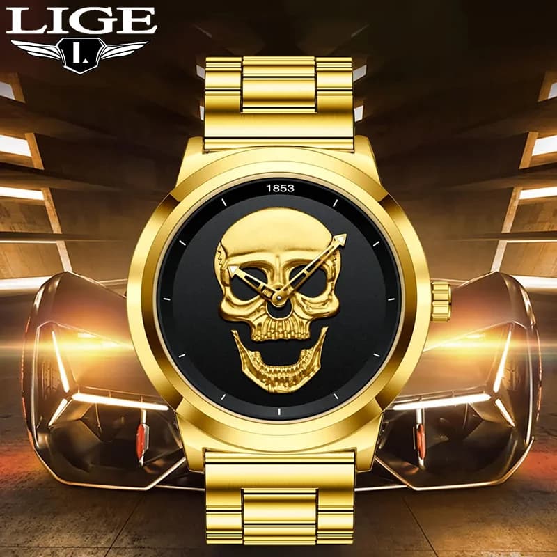 LIGE Top Luxury Brand Men's Watch Quartz Skeleto Creative 3D Skull Stainless Steel Casual Sport Waterproof Watches Wrist Watch + Box