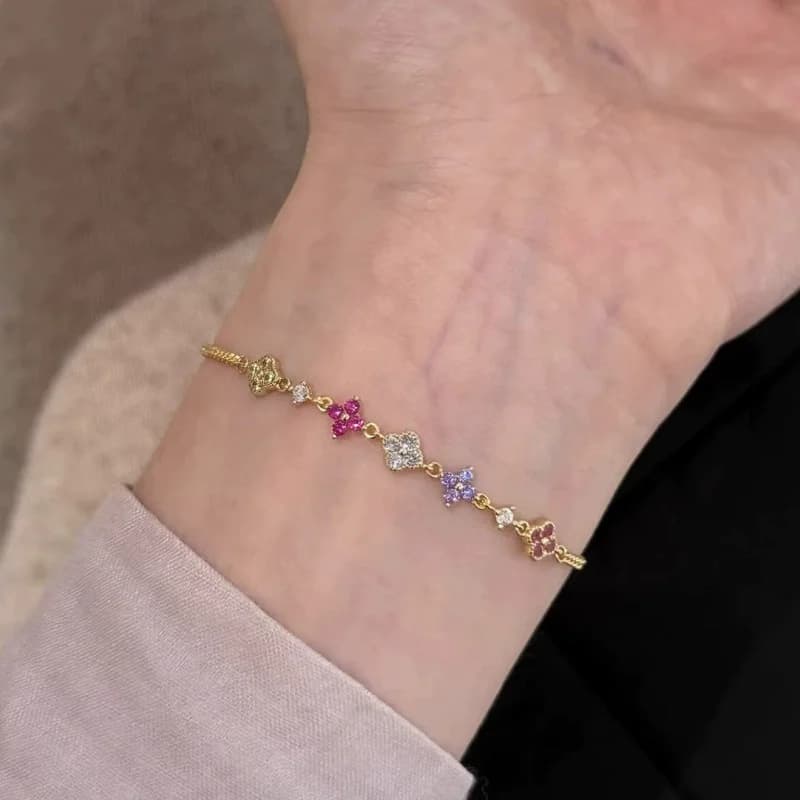 925 Sterling Silver Colorful Four-Leaf Diamond Bracelet for Women Trendy Fashion Fine Jewelry Gifts Accessories
