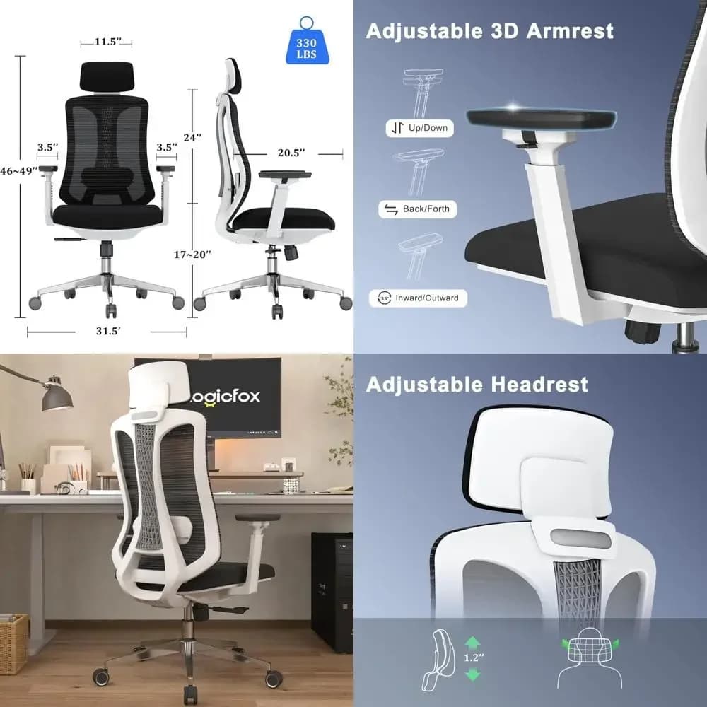 Sedia da ufficio ergonomica in rete, sedia da scrivania con braccioli 3D, cuscino lombare regolabile e poggiatesta regolabile, bianca alta