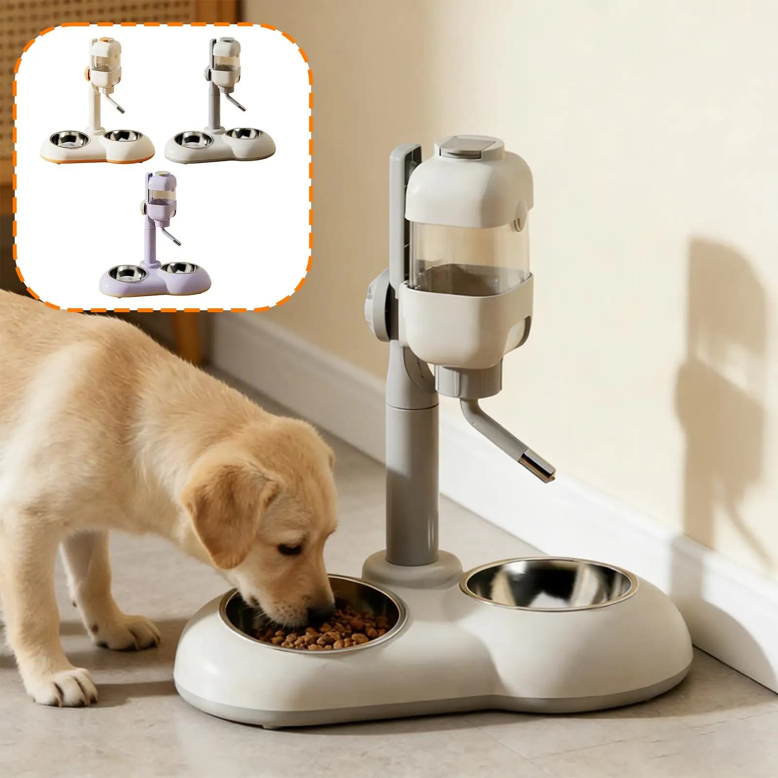 Dispenser d'Acqua e Contenitore per Cibo 2 in 1 per Animali Domestici, Altezza Regolabile, per Gattini, Gatti, Furetti e Piccoli Animali