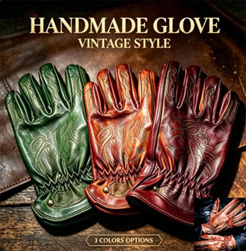 Vintage Style Handmade Leather Gloves for Men - Hand-Drawn Back Design Genuine Cowhide Retro Biker Motorcycle Gloves