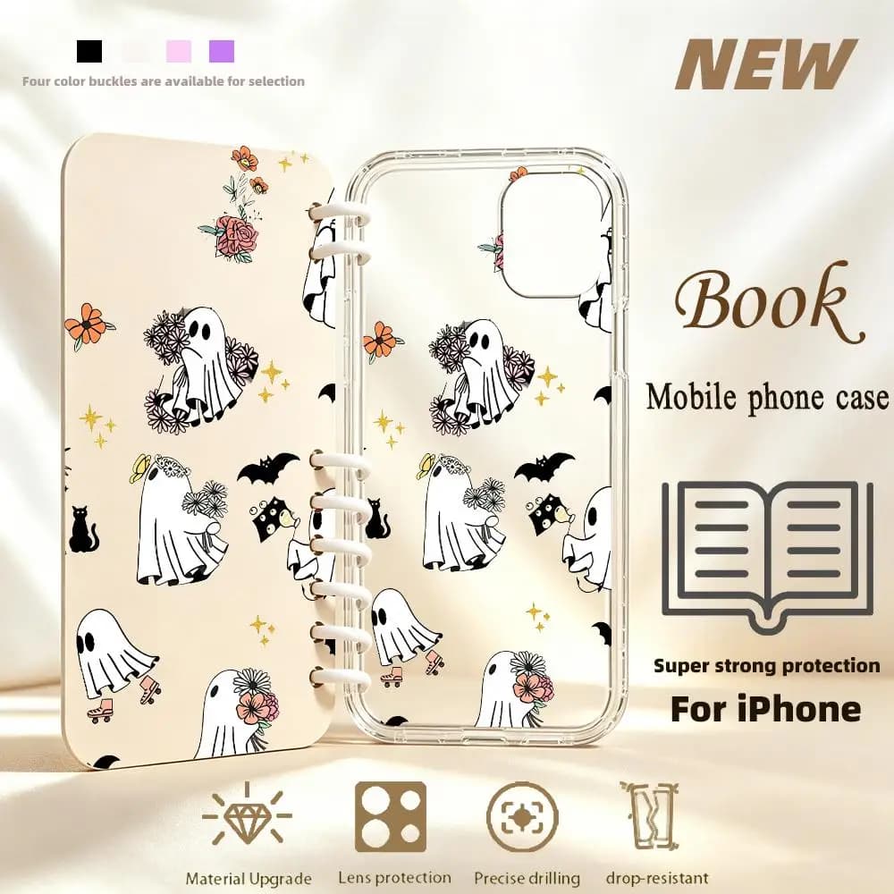 Cute floral ghost Book-style All-inclusive phone case for iPhone 17、16、15、14、13、12、11pm Pro Plus Double-sided Dropresistant