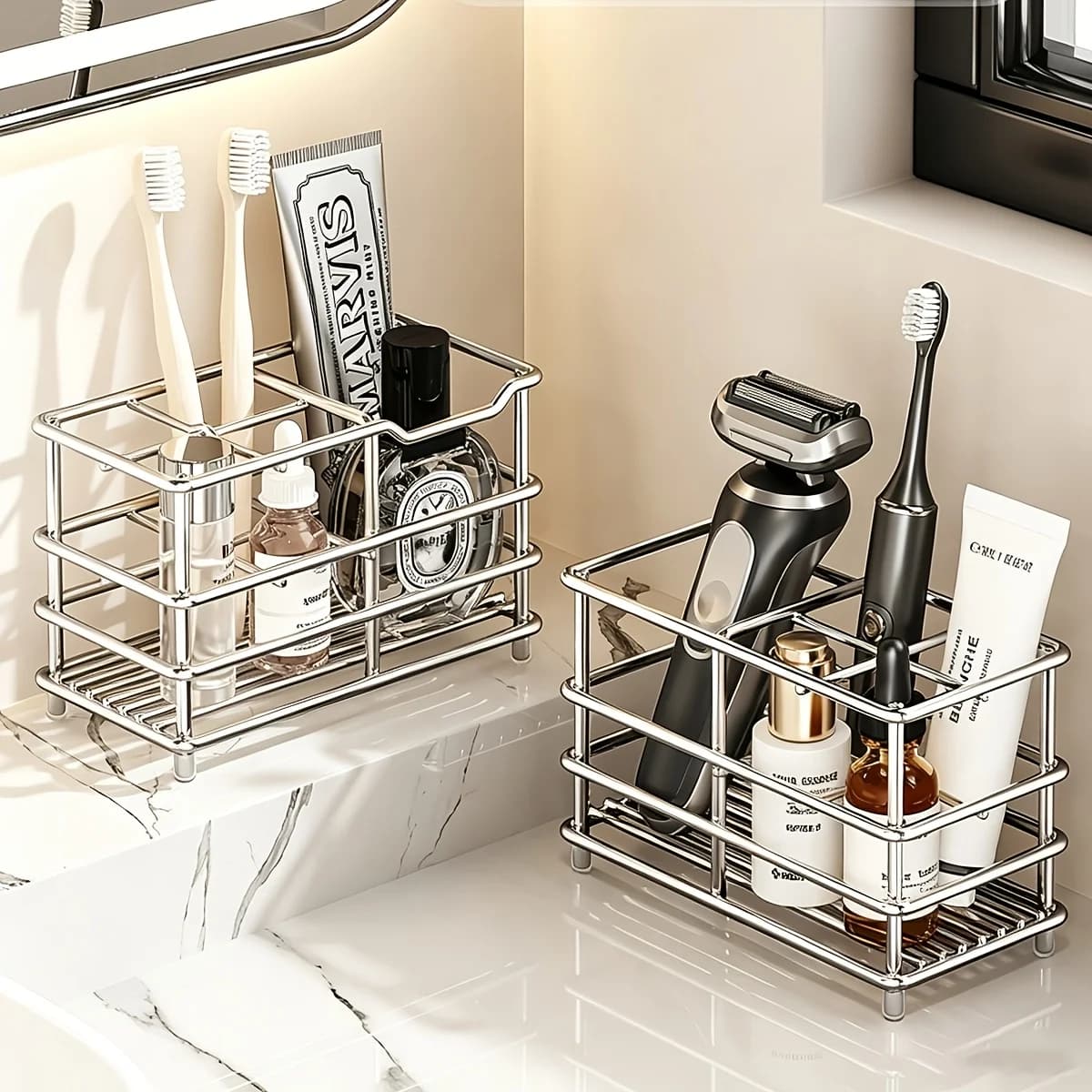 Stainless Steel Bathroom Countertop Organizer, Multi-Purpose Toothbrush Holder with Drainage Base,Ideal for Storing Toothbrushes