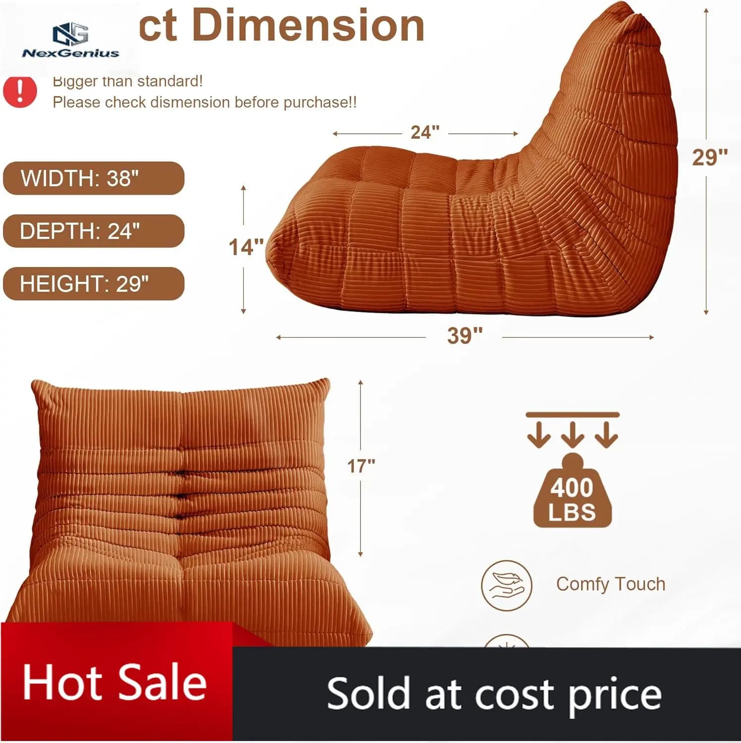 Poltrona Sacco per Adulti - Poltrone Sacco Grandi con Cuscino Lombare, Poltrona Oversize Senza Struttura in Velluto a Coste con Memory Foam ad Alta Resilienza