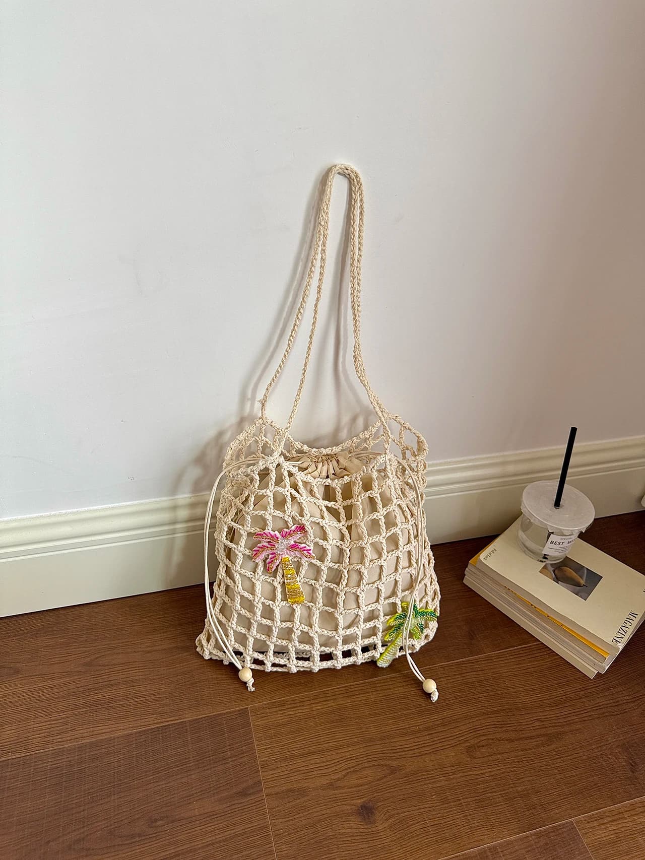 Women's Hollow out Fishing Net Basket Weave Bag Large Capacity Beach Vacation Travel Handbag Soft Bucket Shape Storage Bag