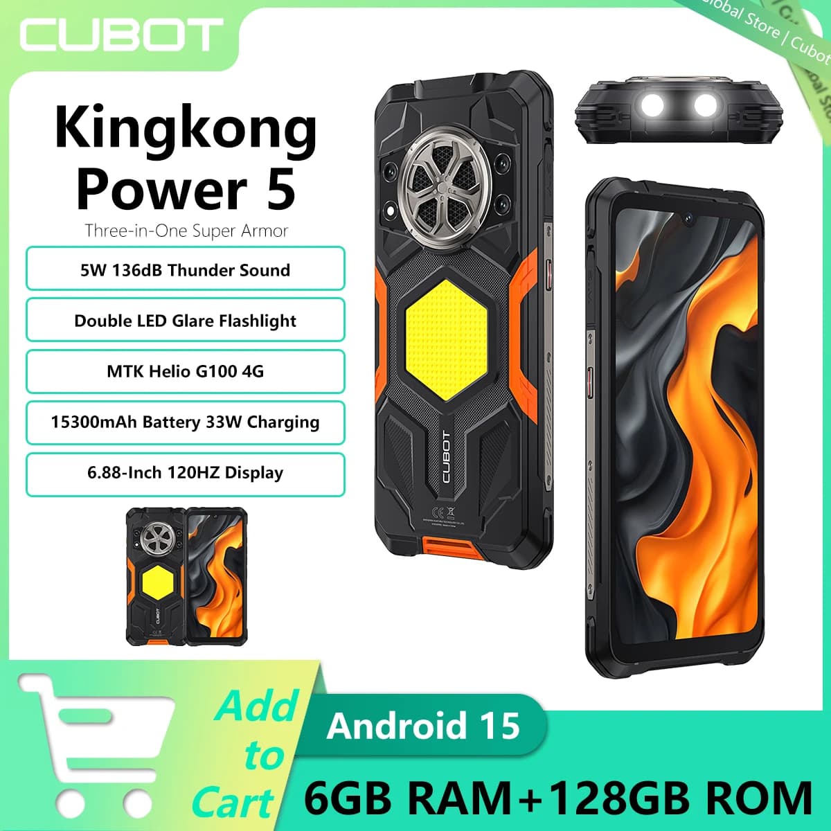 Cubot Kingkong Power 5 Smartphone robusto Android 15 Batteria da 15300 mAh Schermo da 6,88" 120 Hz 6 GB RAM 128 GB ROM 5 W 136 dB Suono