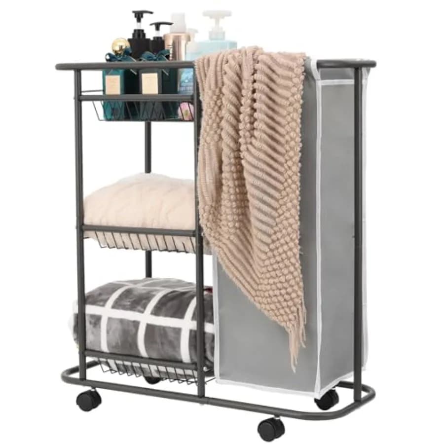 Carrello Portabiancheria con 3 Cesti Portaoggetti e Sacco da 45 L, Organizzatore a 3 Livelli per Lavatrice e Asciugatrice