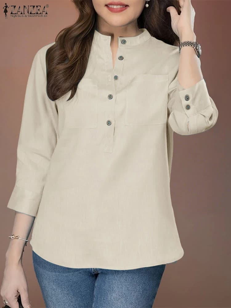 ZANZEA Women's Sleeve 3/4 Solid blouse Summer Vintage cotton shirts Casual buttons Tunica Top Elegant work OL Blusas Chemise loose