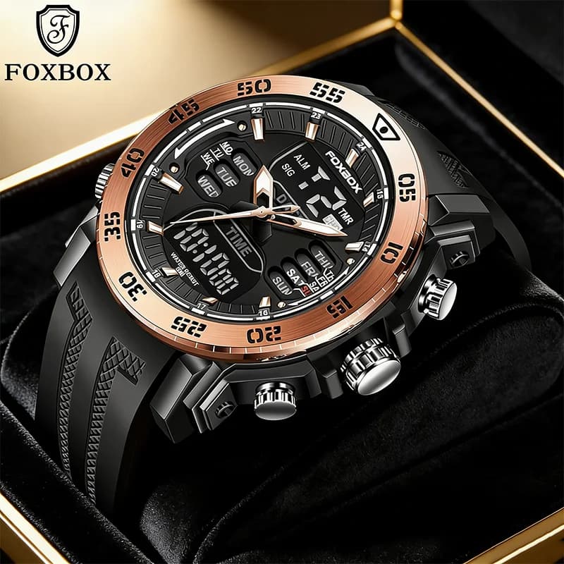 FOXBOX Fashionable Men's Luxury Watch, Waterproof Military Sports Watch, LED Digital Wrist Watch with Big Dial, Chronograph For Men
