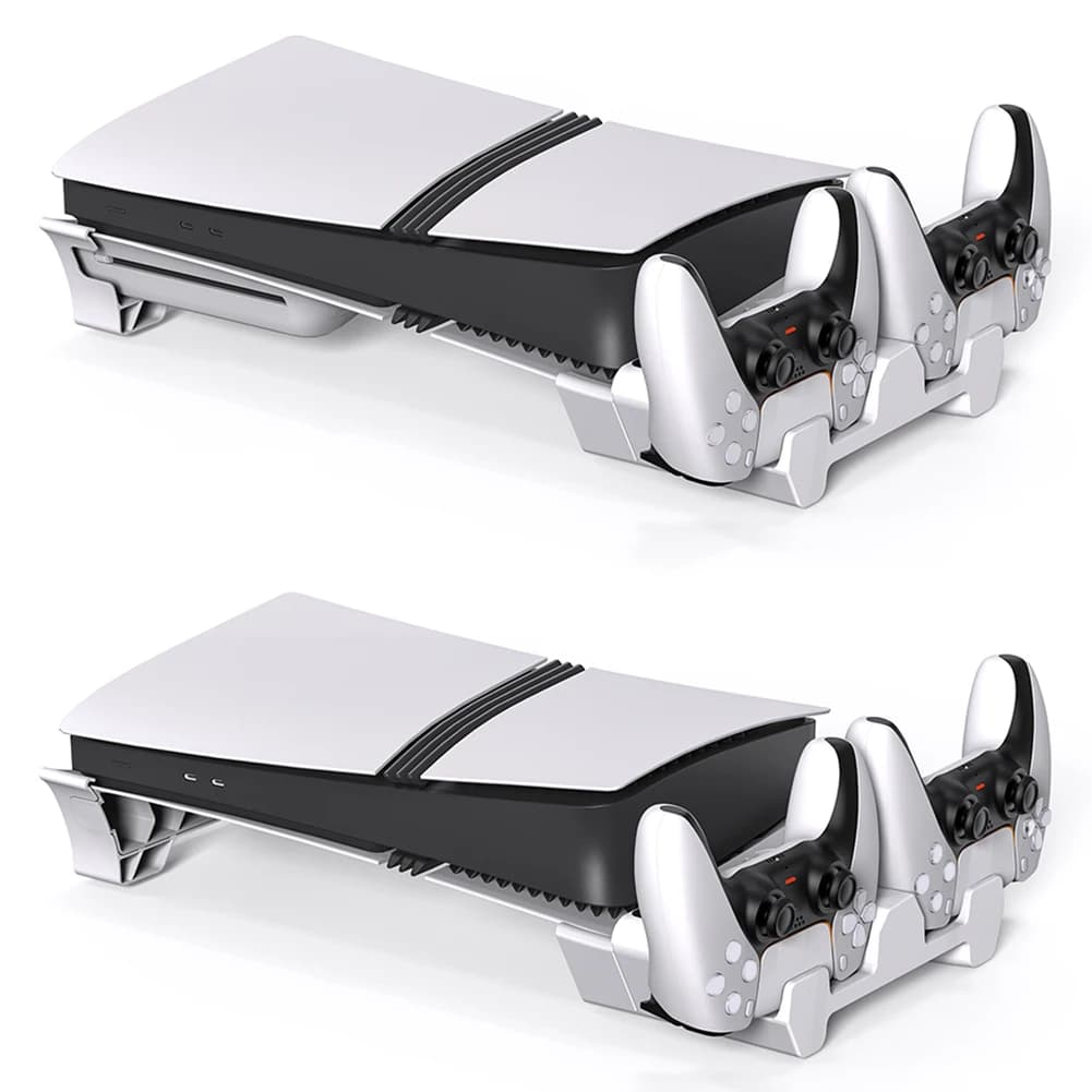 Caricatore per 2 Controller con Hub USB, Supporto di Raffreddamento Orizzontale con Ricarica per PS5 Slim/PS5 Pro Disc & Digital