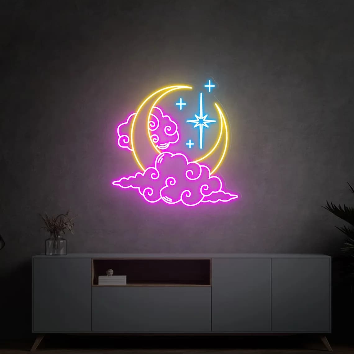 Insegna al neon personalizzata con luna, nuvole e stelle, insegna artistica da parete fatta a mano, insegna notturna personalizzata per camera da letto, insegna anime, regali di compleanno, insegna per matrimonio