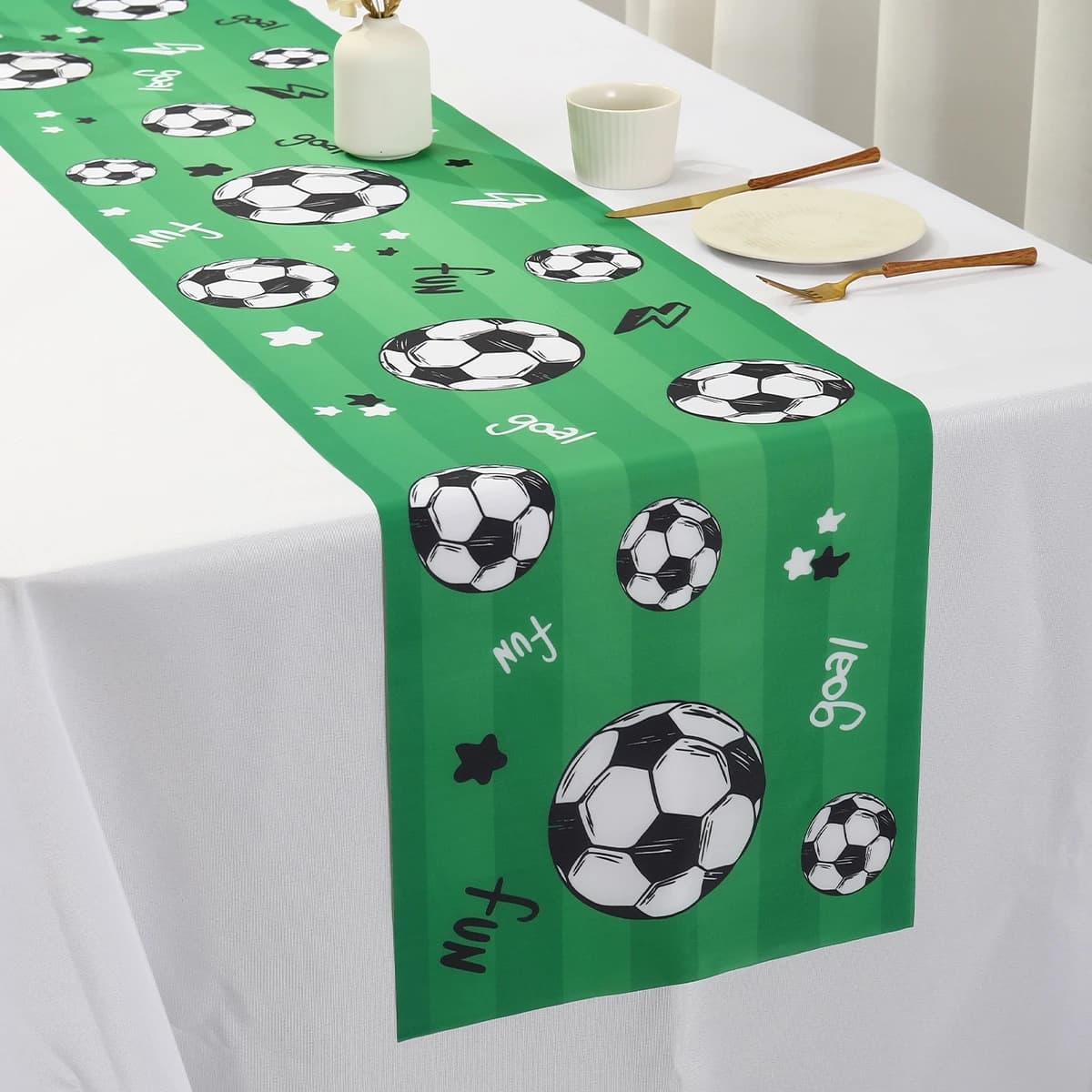 180×35 cm Decorazioni per runner da calcio Tovaglia da calcio in poliestere Decorazioni per feste di compleanno di calcio Decorazioni a tema sportivo