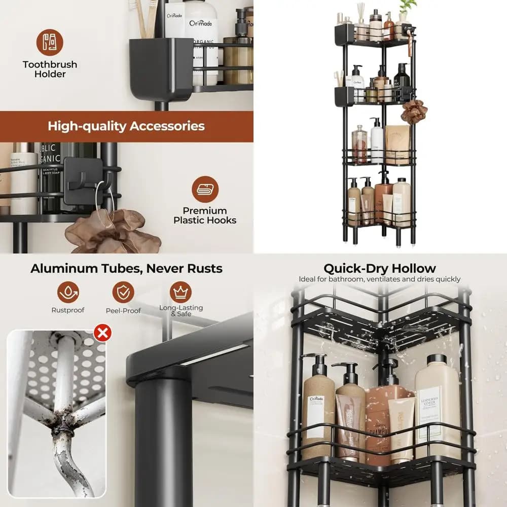 Organizzatore per Doccia a 4 Ripiani Antiruggine con Porta Spazzolino, Ampio Spazio, per Bagno e Cucina, Nero