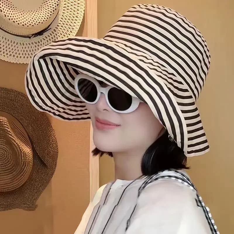 Cappello da pescatore estivo pieghevole a righe, cappello lungo per protezione solare, cappello a secchiello alla moda, cappello da sole per circonferenze di testa grandi