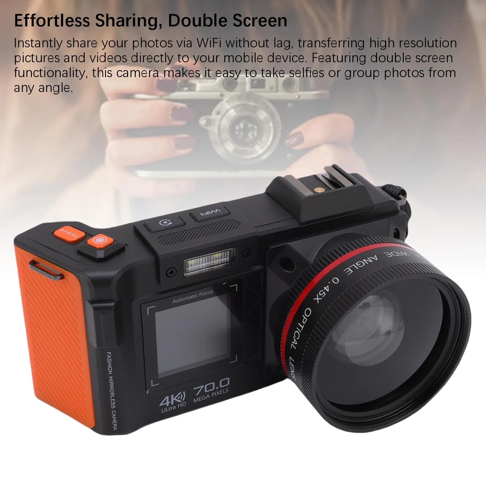 Fotocamera digitale 4K 70MP Zoom 50X Messa a fuoco automatica Fotocamera DSLR grandangolare F1.8 con doppio schermo Flash per fotocamera digitale da viaggio 4K