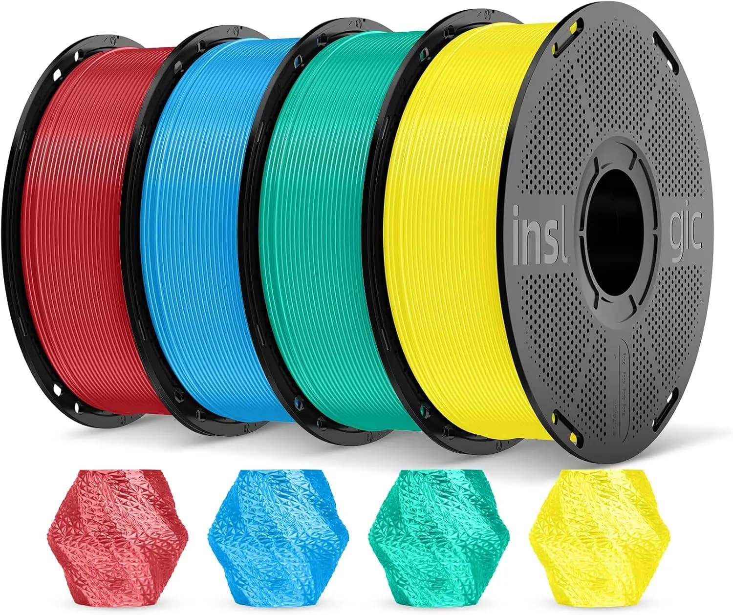 Filamento per Stampa 3D in PLA Seta, Confezione Multicolore 1.75mm, Finitura Setosa, 4 Pezzi da 1kg Ciascuno, Rosso Blu Verde Giallo per FDM 3D